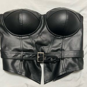strapless faux leather zip up top